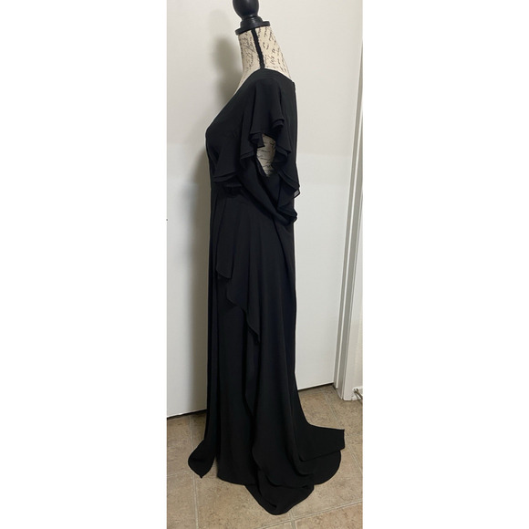 BCBGMAXAZRIA Dress Womens 12 Black Callie Ruffle Wrap Flutter Sleeve Maxi Gown - Picture 3 of 15